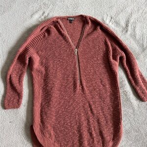 Express Brown Blouse with Soft Knit Texture and Quarter-Zip Design